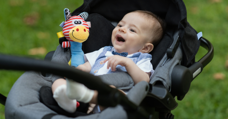 When can a baby be placed in a stroller seat, and what should be considered?